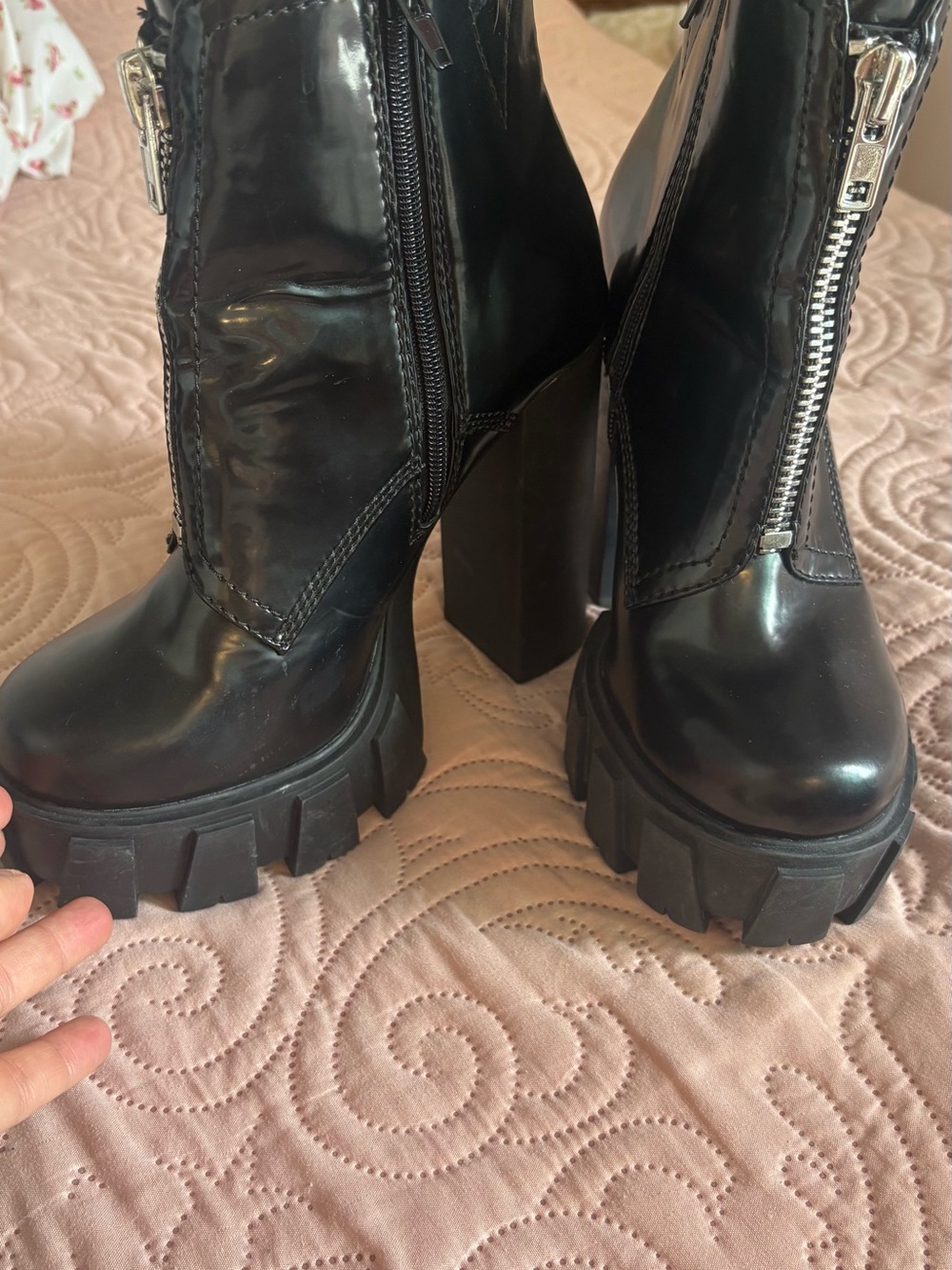 Women's Black Patent Chunky Platform Ankle Boots with Side Zipper